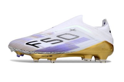 Men's Adidas F50+ Elite Lightstrike Pro Laceless FG Firm Ground Low-Tops Football Boots - White/Purple/Gold
