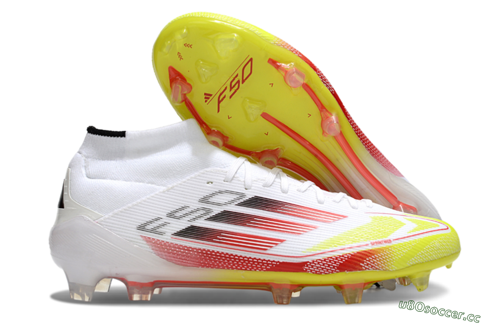 Men's Adidas F50 Elite Mid FG Firm Ground High-Tops Football Boots - White/Red/Yellow 2