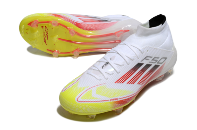Men's Adidas F50 Elite Mid FG Firm Ground High-Tops Football Boots - White/Red/Yellow