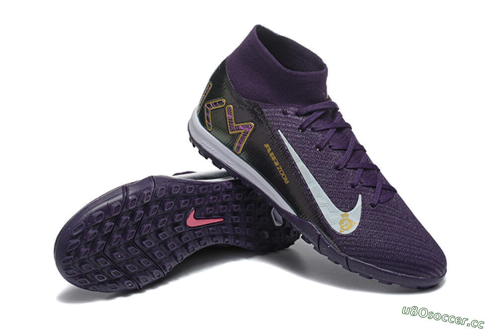 Men's Nike Air Zoom Mercurial Superfly 10 Elite TF Artificial Turf High-Tops Football Shoes - Purple/White/Gold 4