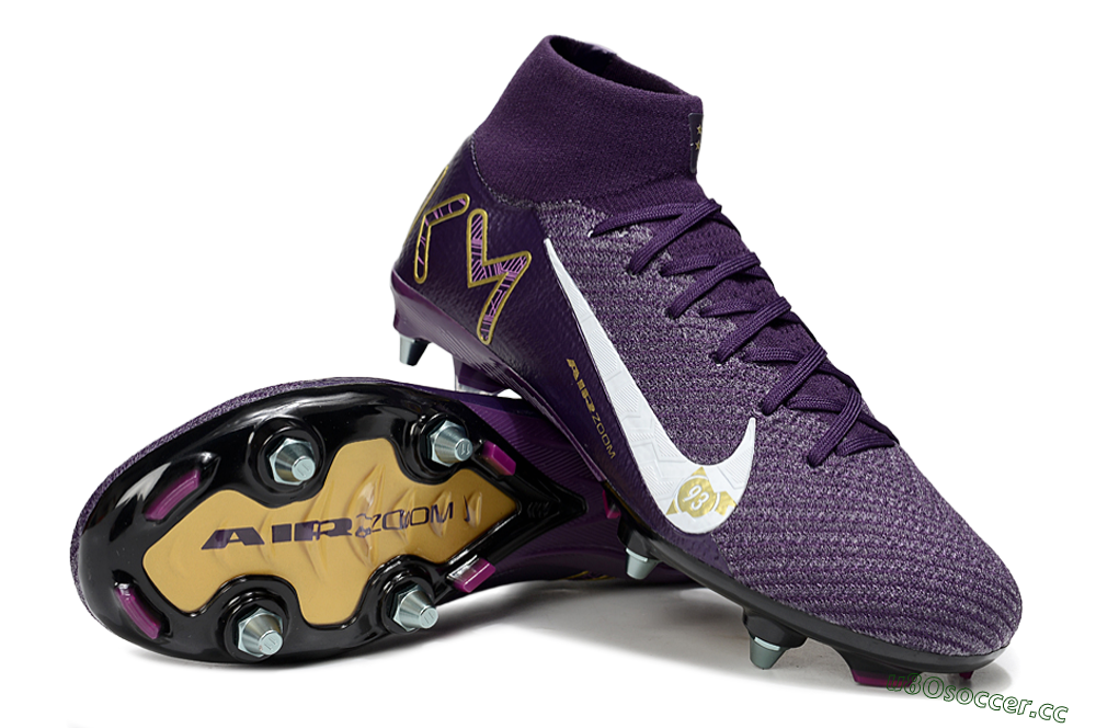 Men's Nike Air Zoom Mercurial Superfly 10 Elite SG Soft Ground High-Tops Football Boots - Purple/White/Gold 3