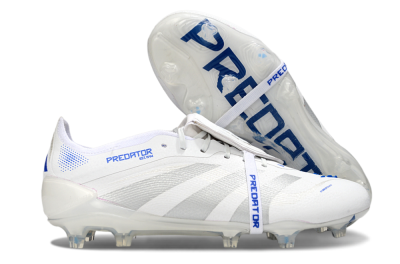 Men's Adidas Predator Elite Foldover Tongue FG Firm Ground Low-Tops Football Boots - White/Silver/Blue