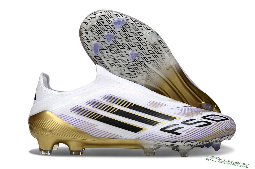 Men's Adidas F50 Elite Laceless FG Firm Ground Low-Tops Football Boots - White/Black/Purple/Gold 2