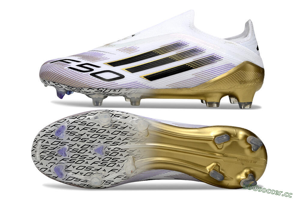Men's Adidas F50 Elite Laceless FG Firm Ground Low-Tops Football Boots - White/Black/Purple/Gold 1