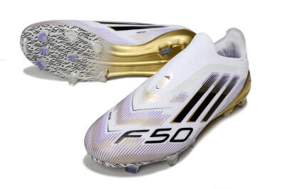 Men's Adidas F50 Elite Laceless FG Firm Ground Low-Tops Football Boots - White/Black/Purple/Gold