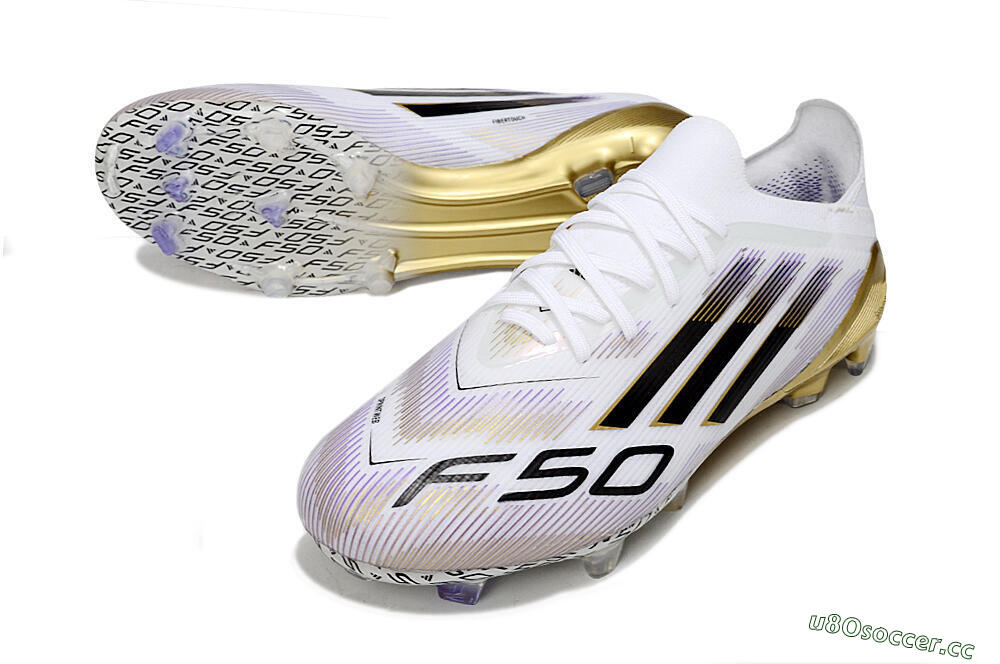 Men's Adidas F50 Elite FG Firm Ground Low-Tops Football Boots - White/Black/Purple/Gold 3