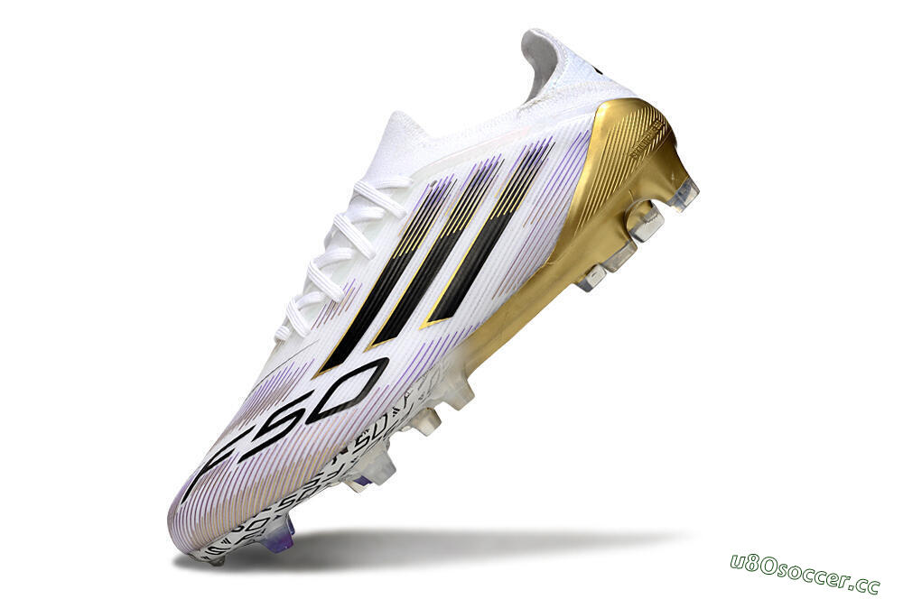 Men's Adidas F50 Elite FG Firm Ground Low-Tops Football Boots - White/Black/Purple/Gold 5