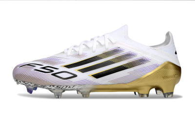 Men's Adidas F50 Elite FG Firm Ground Low-Tops Football Boots - White/Black/Purple/Gold