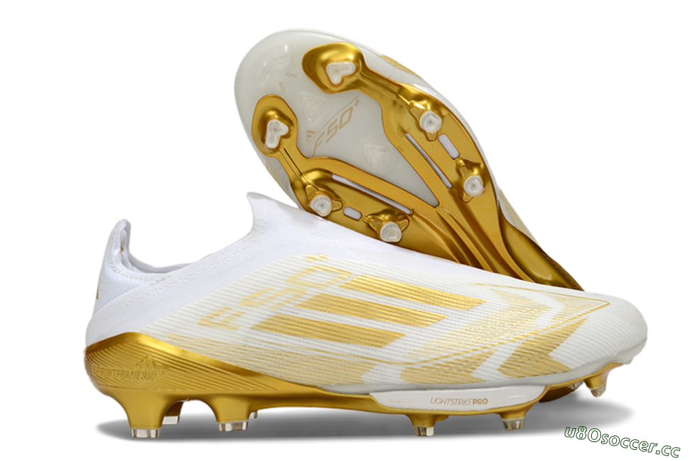 Men's Adidas F50+ Elite Lightstrike Pro Laceless FG Firm Ground Low-Tops Football Boots - White/Gold 2
