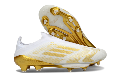 Men's Adidas F50+ Elite Lightstrike Pro Laceless FG Firm Ground Low-Tops Football Boots - White/Gold