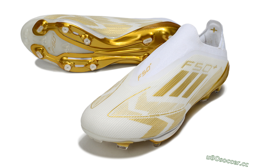 Men's Adidas F50+ Elite Lightstrike Pro Laceless FG Firm Ground Low-Tops Football Boots - White/Gold 3
