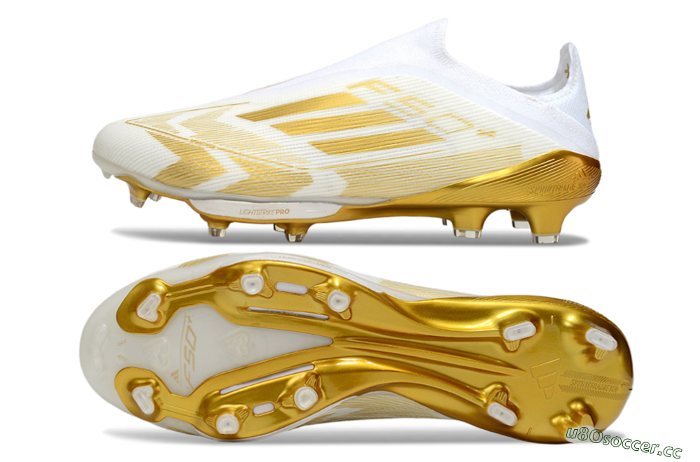 Men's Adidas F50+ Elite Lightstrike Pro Laceless FG Firm Ground Low-Tops Football Boots - White/Gold 1