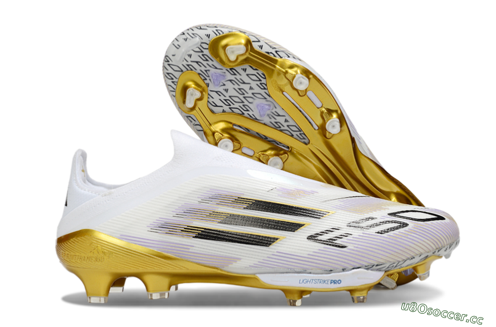 Men's Adidas F50+ Elite Lightstrike Pro Laceless FG Firm Ground Low-Tops Football Boots - White/Black/Gold 2