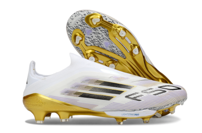 Men's Adidas F50+ Elite Lightstrike Pro Laceless FG Firm Ground Low-Tops Football Boots - White/Black/Gold