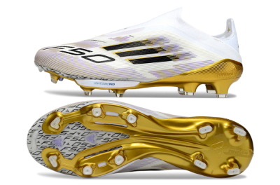Men's Adidas F50+ Elite Lightstrike Pro Laceless FG Firm Ground Low-Tops Football Boots - White/Black/Gold