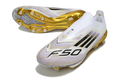 Men's Adidas F50+ Elite Lightstrike Pro Laceless FG Firm Ground Low-Tops Football Boots - White/Black/Gold