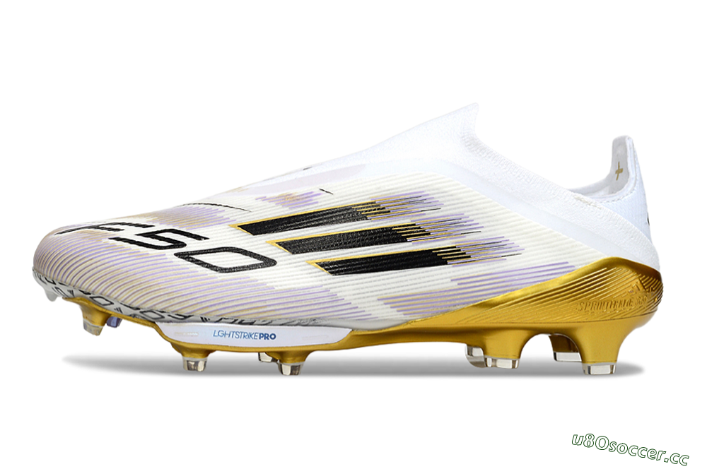 Men's Adidas F50+ Elite Lightstrike Pro Laceless FG Firm Ground Low-Tops Football Boots - White/Black/Gold 0
