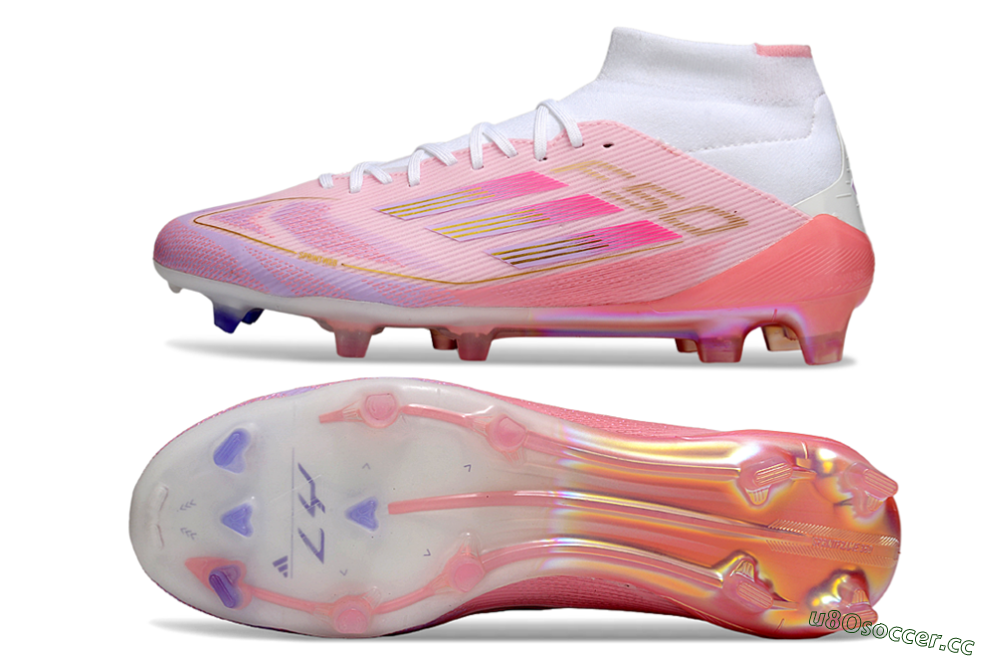 Men's Adidas F50 Elite Mid FG Firm Ground High-Tops Football Boots - Pink/Gold/White 1
