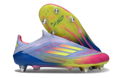 Men's Adidas F50 Elite Laceless SG Soft Ground Low-Tops Football Boots - Blue/Yellow/Pink