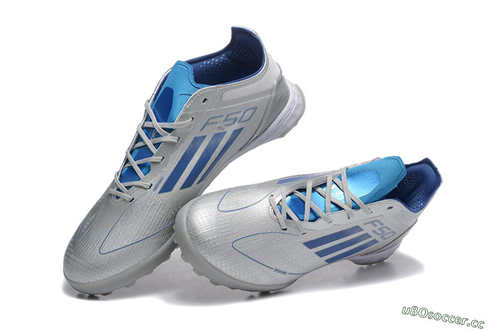 Men's Adidas F50 Pro TF Artificial Turf Low-Tops Football Shoes - Silver/Blue/White 3