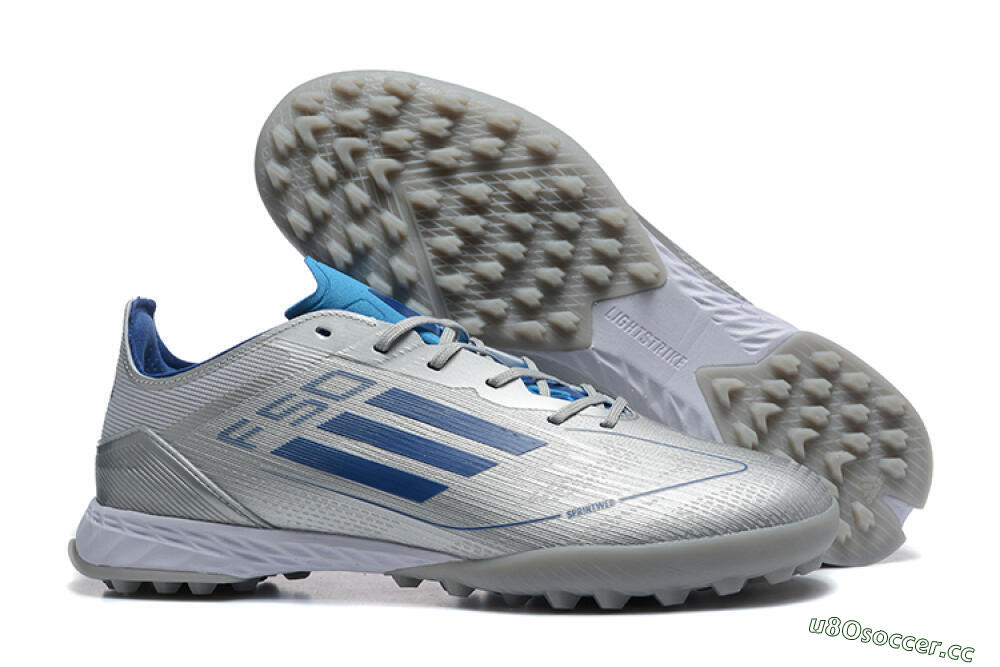 Men's Adidas F50 Pro TF Artificial Turf Low-Tops Football Shoes - Silver/Blue/White 2