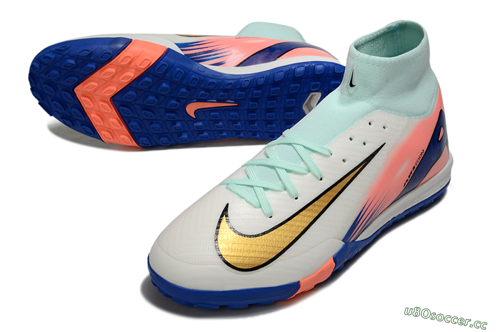 Men's Nike Air Zoom Mercurial Superfly 10 Elite TF Artificial Turf High-Tops Football Shoes - Jade/Gold/Blue 3