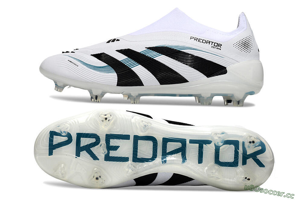 Unisex Adidas Predator 25 Elite Laceless FG Firm Ground Low-Tops Football Boots - White/Black/Blue 1