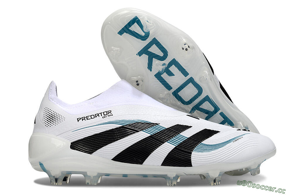 Unisex Adidas Predator 25 Elite Laceless FG Firm Ground Low-Tops Football Boots - White/Black/Blue 2