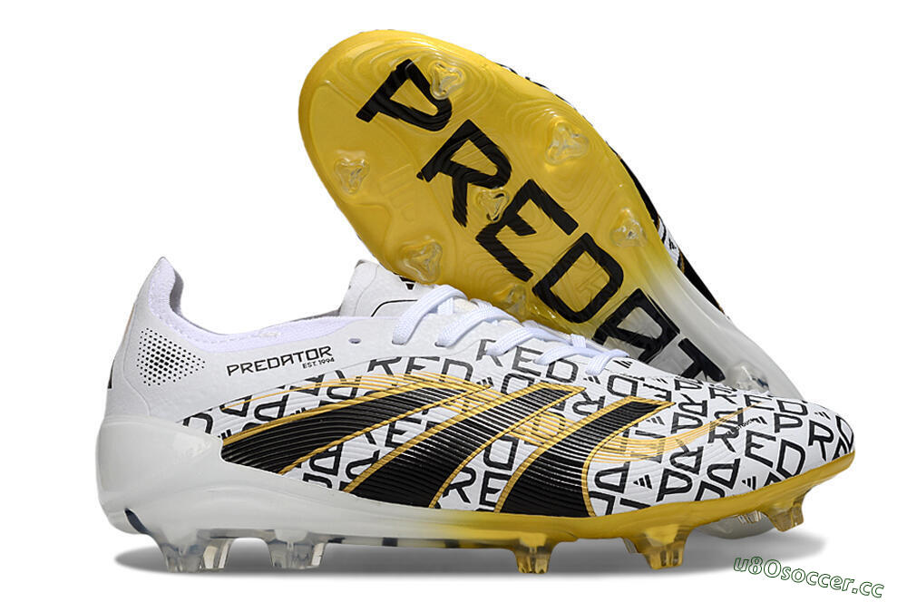 Unisex Adidas Predator 25 Elite FG Firm Ground Low-Tops Football Boots - White/Gold/Black 2