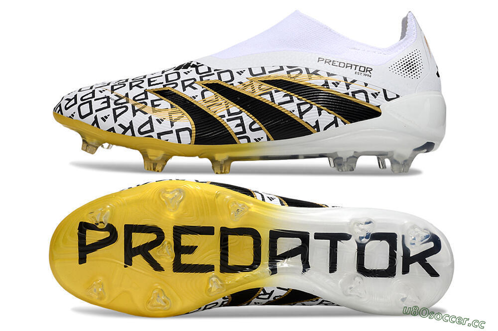 Unisex Adidas Predator 25 Elite Laceless FG Firm Ground Low-Tops Football Boots - White/Gold/Black 1