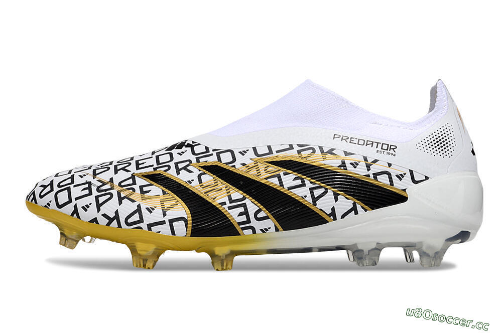 Unisex Adidas Predator 25 Elite Laceless FG Firm Ground Low-Tops Football Boots - White/Gold/Black 0