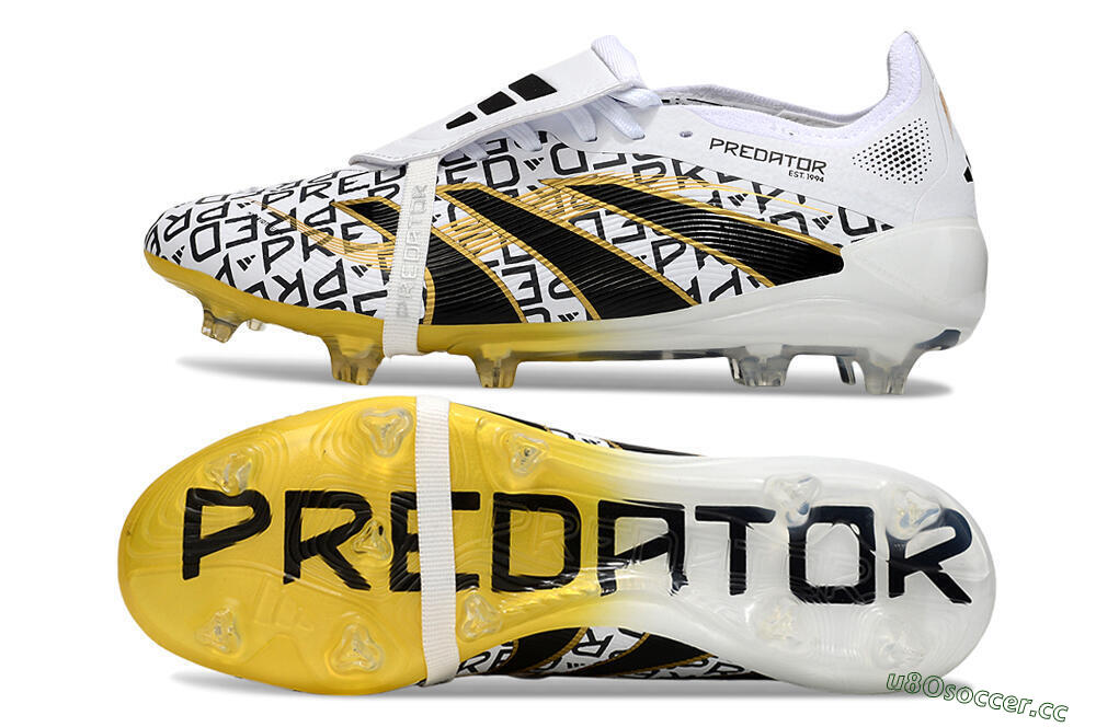 Unisex Adidas Predator 25 Elite Foldover Tongue FG Firm Ground Low-Tops Football Boots - White/Gold/Black 1
