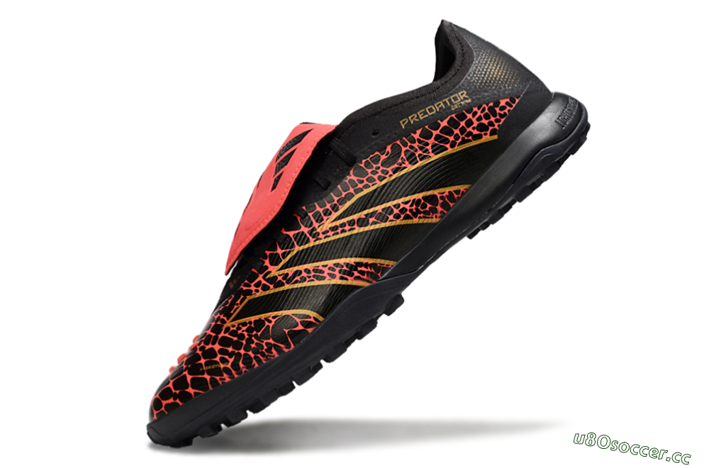 Men's Adidas Predator Laceless Foldover Tongue TF Artificial Turf Low-Tops Football Shoes - Black/Red/Gold 5