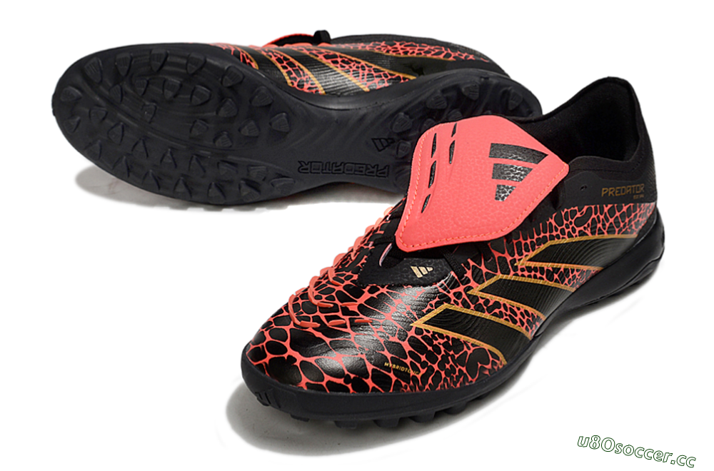 Men's Adidas Predator Laceless Foldover Tongue TF Artificial Turf Low-Tops Football Shoes - Black/Red/Gold 3