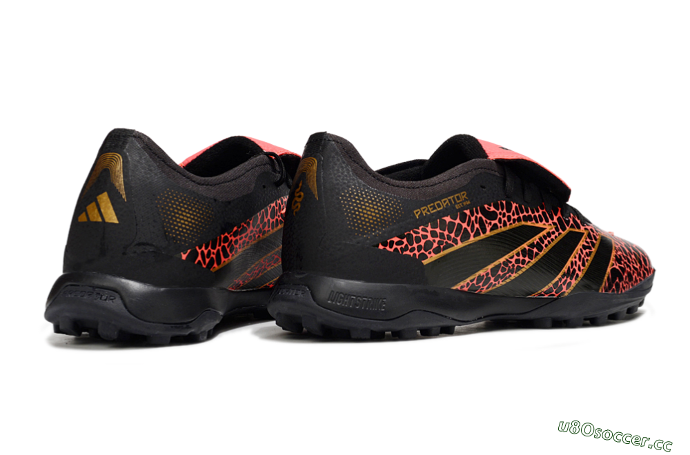 Men's Adidas Predator Laceless Foldover Tongue TF Artificial Turf Low-Tops Football Shoes - Black/Red/Gold 6