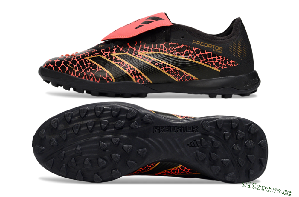 Men's Adidas Predator Laceless Foldover Tongue TF Artificial Turf Low-Tops Football Shoes - Black/Red/Gold 1