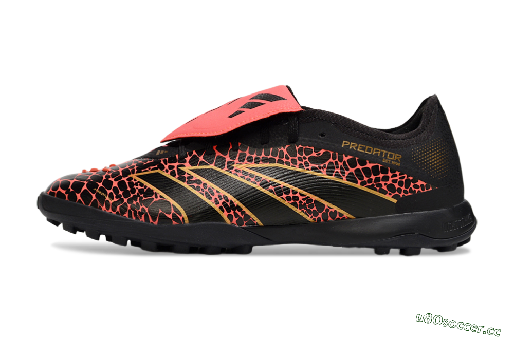 Men's Adidas Predator Laceless Foldover Tongue TF Artificial Turf Low-Tops Football Shoes - Black/Red/Gold 0