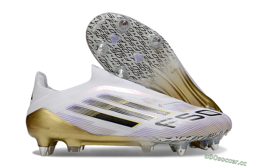 Men's Adidas F50 Elite Laceless SG Soft Ground Low-Tops Football Boots - White/Purple/Gold 2