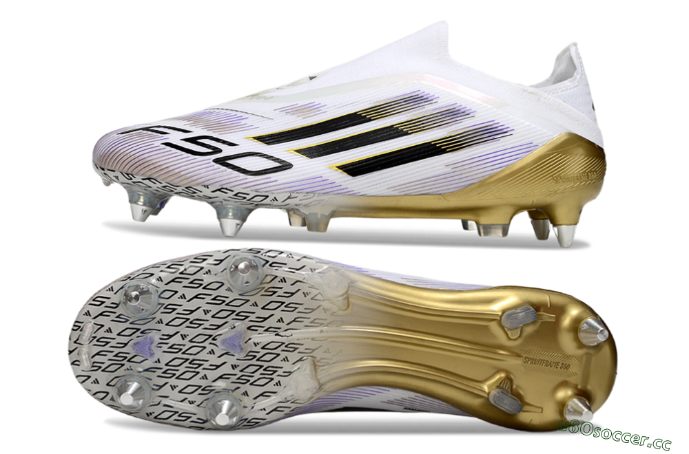 Men's Adidas F50 Elite Laceless SG Soft Ground Low-Tops Football Boots - White/Purple/Gold 1