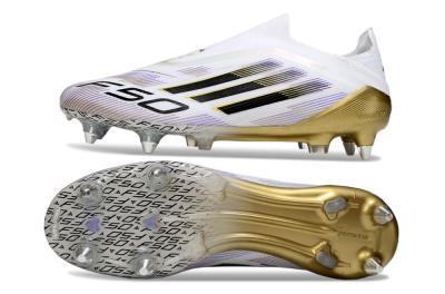 Men's Adidas F50 Elite Laceless SG Soft Ground Low-Tops Football Boots - White/Purple/Gold