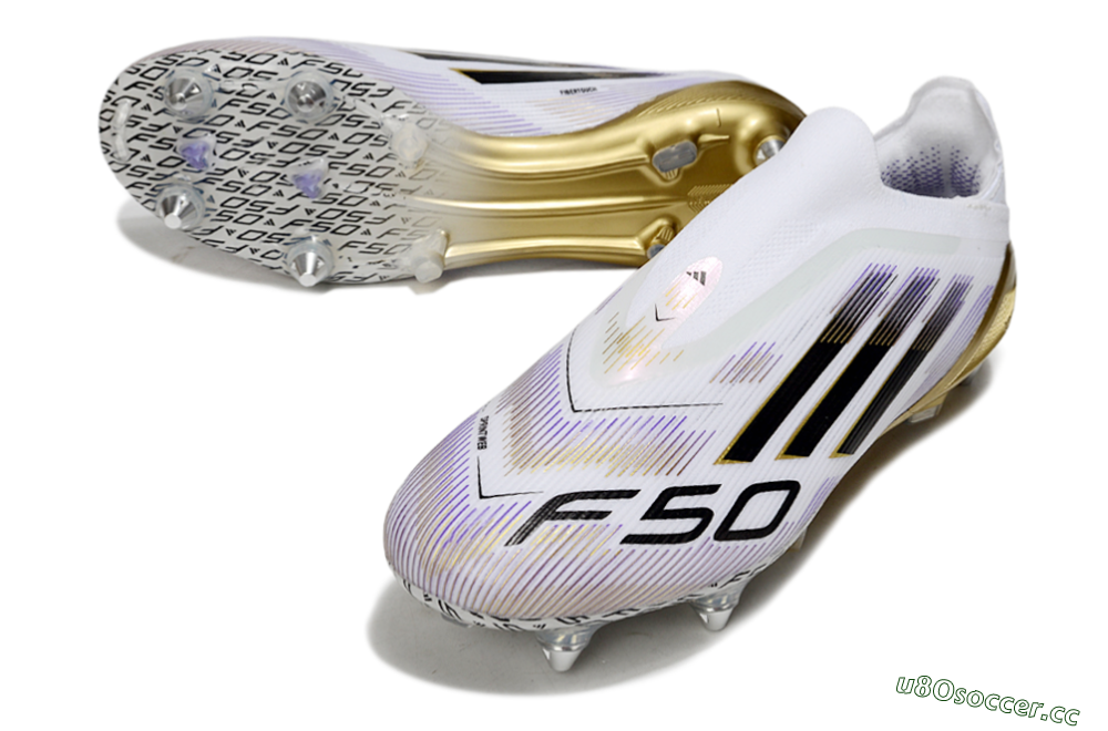 Men's Adidas F50 Elite Laceless SG Soft Ground Low-Tops Football Boots - White/Purple/Gold 3