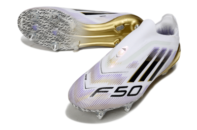 Men's Adidas F50 Elite Laceless SG Soft Ground Low-Tops Football Boots - White/Purple/Gold