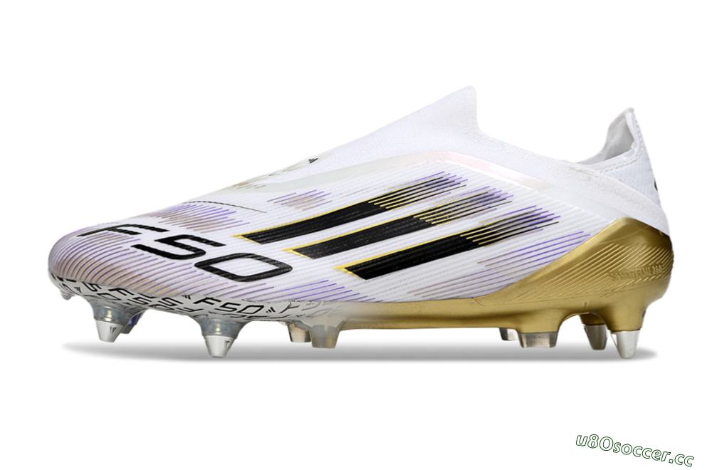 Men's Adidas F50 Elite Laceless SG Soft Ground Low-Tops Football Boots - White/Purple/Gold 0