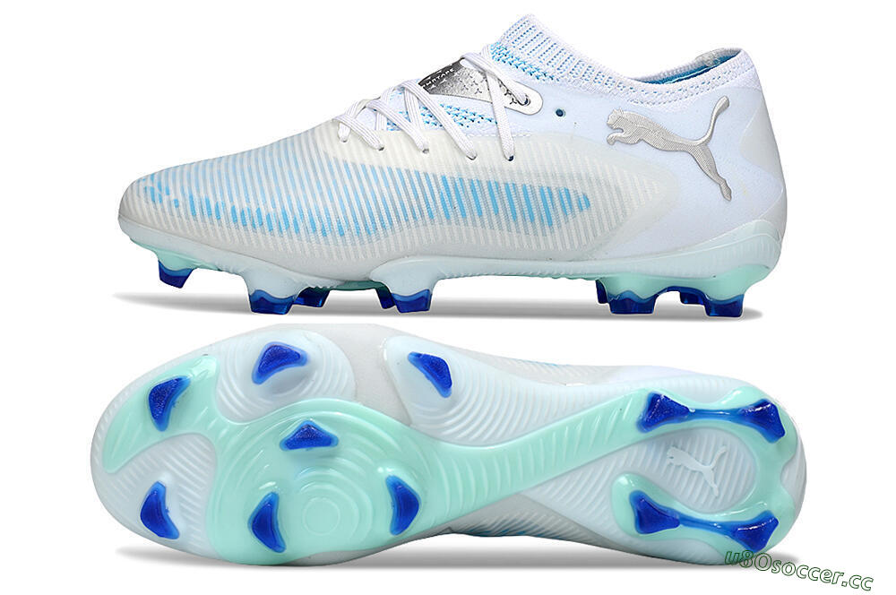 Men's Puma Future 8 Ultimate FG Firm Ground Low-Tops Football Boots - White/Blue/Silver 1