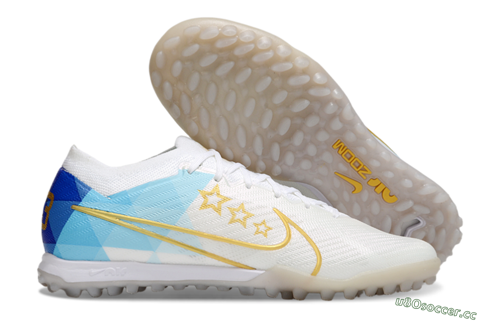 Men's Nike Air Zoom Mercurial Vapor 15 Elite TF Artificial Turf Low-Tops Football Shoes - White/Gold/Blue 2