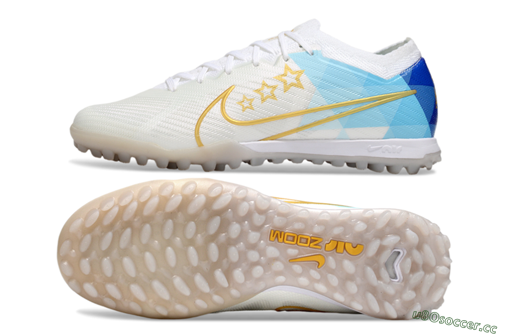 Men's Nike Air Zoom Mercurial Vapor 15 Elite TF Artificial Turf Low-Tops Football Shoes - White/Gold/Blue 1