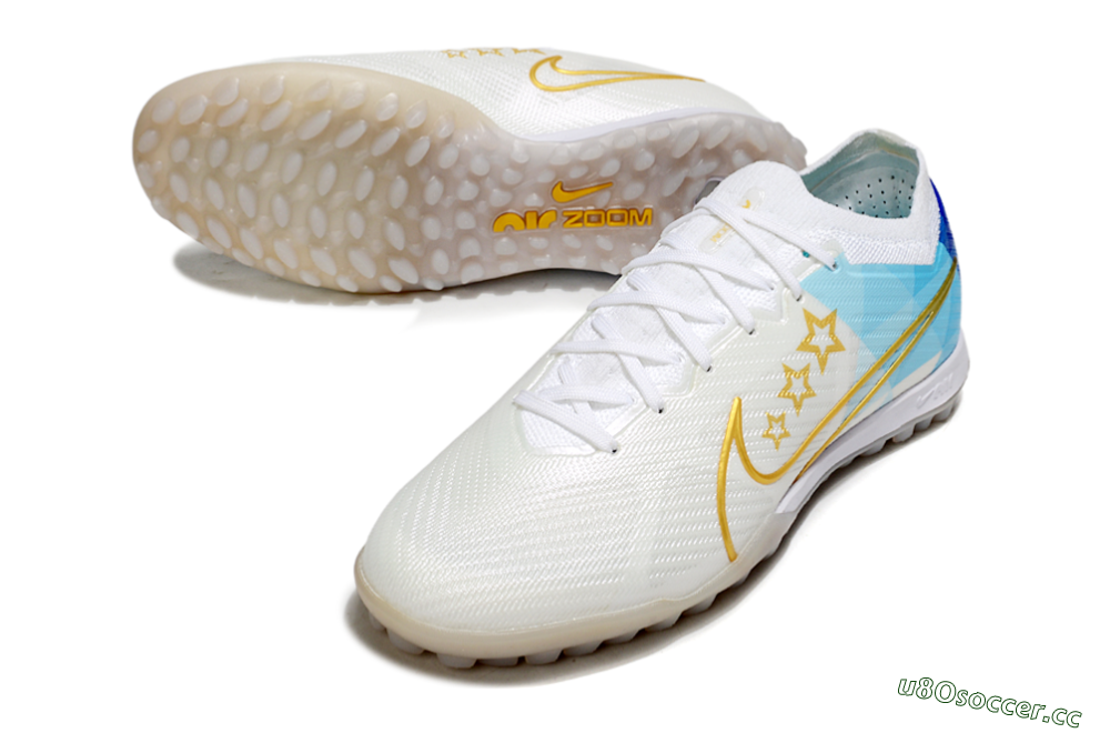 Men's Nike Air Zoom Mercurial Vapor 15 Elite TF Artificial Turf Low-Tops Football Shoes - White/Gold/Blue 3