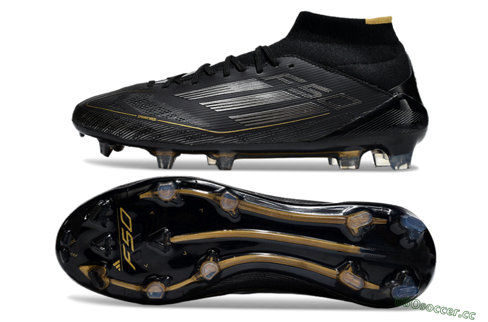 Men's Adidas F50 Elite Mid FG Firm Ground High-Tops Football Boots - Black/Silver/Gold 1