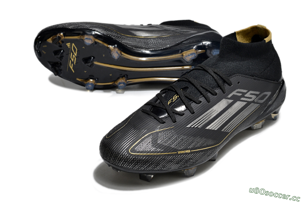 Men's Adidas F50 Elite Mid FG Firm Ground High-Tops Football Boots - Black/Silver/Gold 3