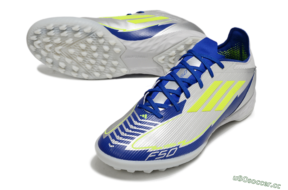 Men's Adidas F50 Pro TF Artificial Turf Low-Tops Football Shoes - Silver/Blue/Yellow 3